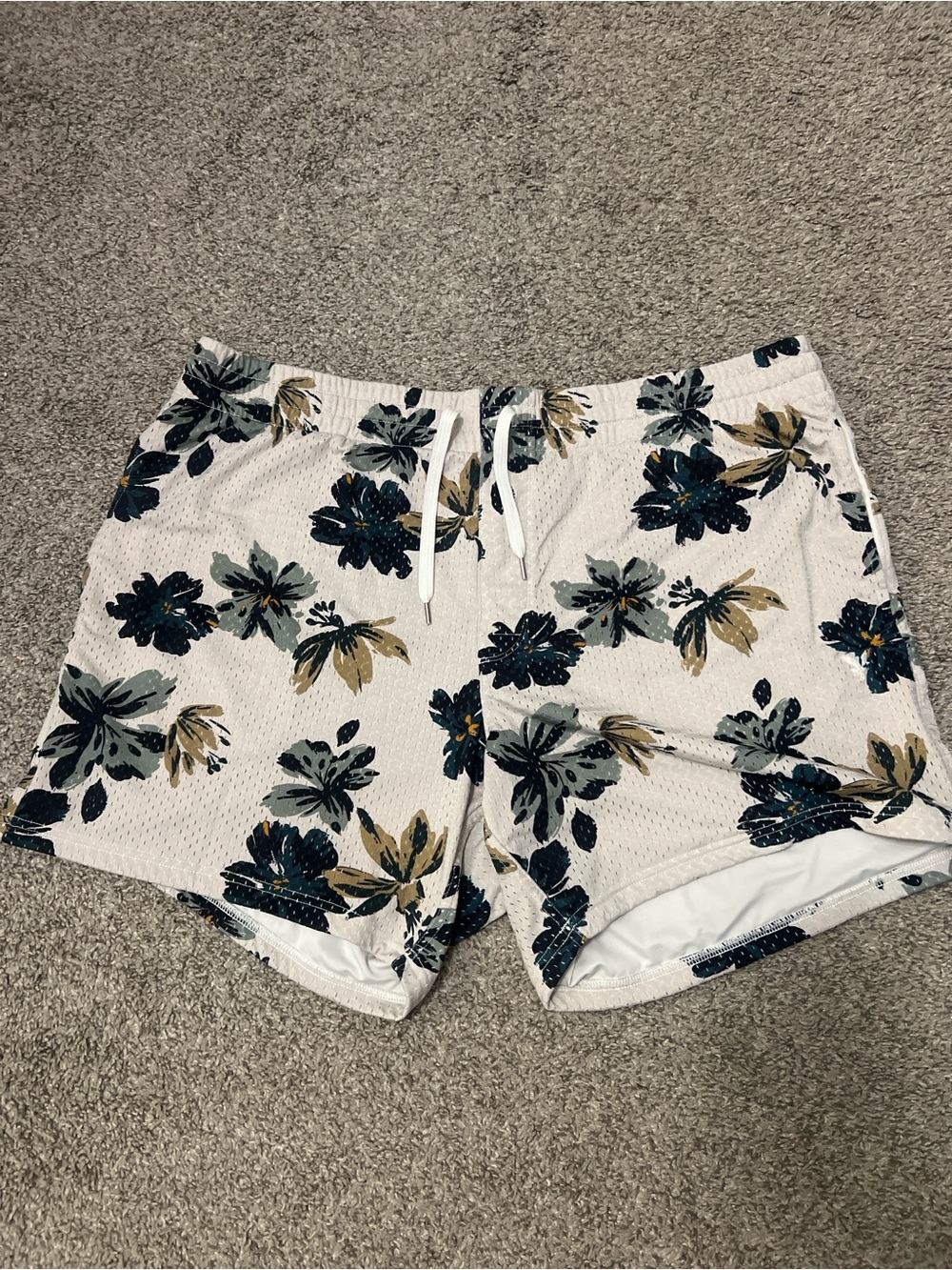 Floral Drawstring Shorts - White with Navy & Olive Floral Print